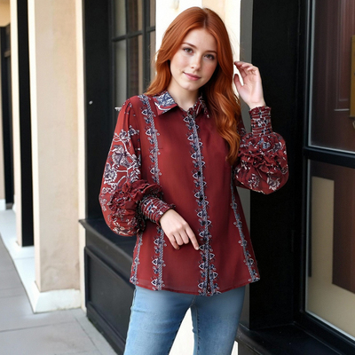 Oversized printed long-sleeved loose shirt top