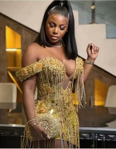 Short Golden Prom Dresses Luxury Black Girls Off Shoulder Beaded Tassel Mini Birthday Cocktail Party Gowns Homecoming Customized