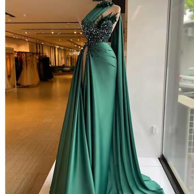 One shoulder satin evening dresses long  luxury bead feather high slit with cape green formal prom gown for wedding party