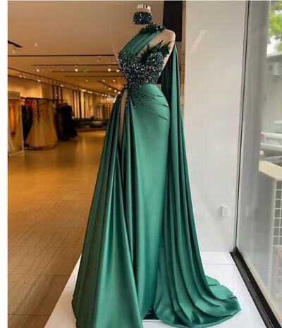 One Shoulder Satin Evening Dresses Long  Luxury Bead Feather High Slit with Cape Green Formal Prom Gown For Wedding Party