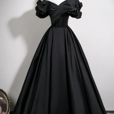 Black satin long prom dress, black a-line evening party dress - Thumbnail 1