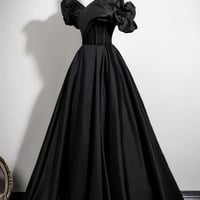 Black Satin Long Prom Dress, Black A-Line Evening Party Dress - Thumbnail 1
