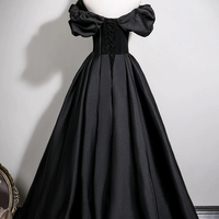 Black Satin Long Prom Dress, Black A-Line Evening Party Dress - Thumbnail 2