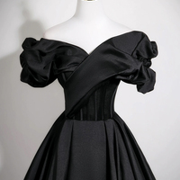 Black Satin Long Prom Dress, Black A-Line Evening Party Dress - Thumbnail 3