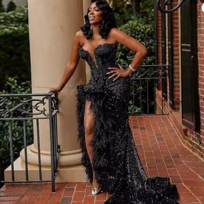 Black evening dresses long luxury 2024 sweetheart rhinestones bead feather high slit sexy african formal party prom gala gowns