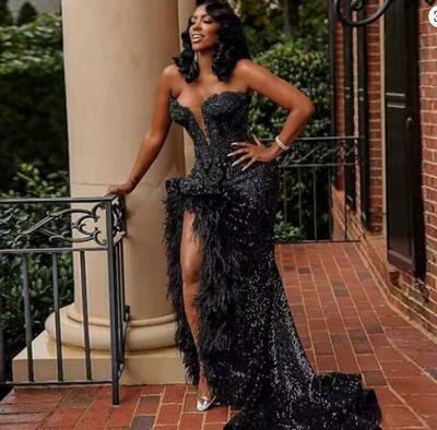 Black Evening Dresses Long Luxury 2024 Sweetheart Rhinestones Bead Feather High Slit Sexy African Formal Party Prom Gala Gowns