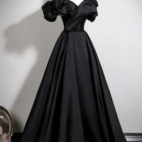 Black Satin Long Prom Dress, Black A-Line Evening Party Dress - Thumbnail 4