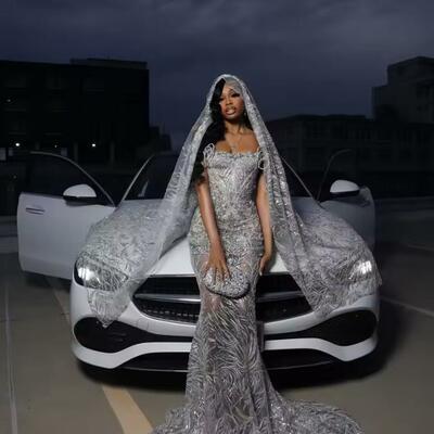 Sparkly sequin long mermaid prom dresses afrcian girls luxury beading evening gowns for birtyday party customized