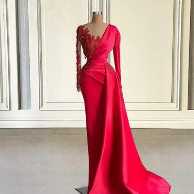 Red long prom dresses luxury mermaid beaded crystals full sleeves formal evening gowns special occasions robe soirée customized