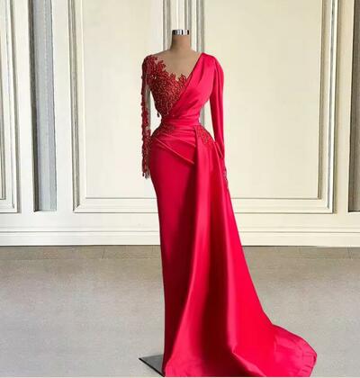 Red Long Prom Dresses Luxury Mermaid Beaded Crystals Full Sleeves Formal Evening Gowns Special Occasions Robe Soirée Customized