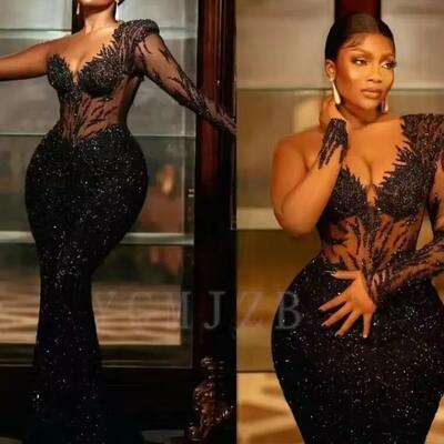Black long sleeve prom dresses luxury mermaid glitter beaded african women formal evening party gowns for wedding customized