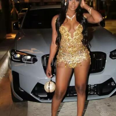 Gold sparkly rhinestone short prom cocktail dresses 2025 luxury beaded see through black girls birthday party gown customized