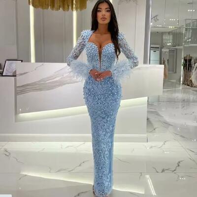 Light blue pearls evening dress luxury mermaid beaded lace long sleeves with feather ankle length cocktail party gown prom
