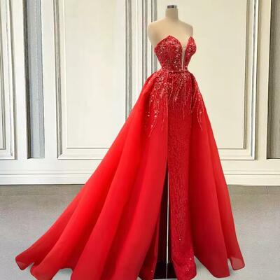 Red long prom dresses ball gown luxury sparkly sequin beaded detachable train women formal evening gowns for wedding party