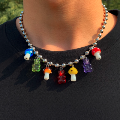 Mushroom & bear necklace