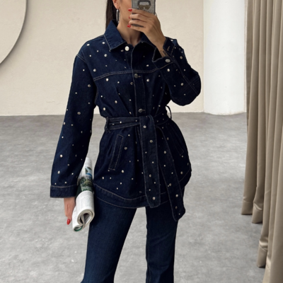 Navy blue studded denim jacket - Thumbnail 5