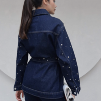 Navy blue studded denim jacket - Thumbnail 4