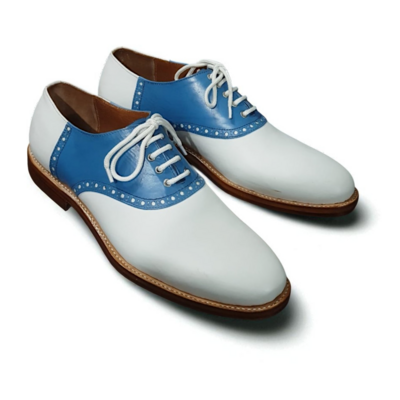 Crafted leather blue white leather handmade mens dress shoes - Thumbnail 1