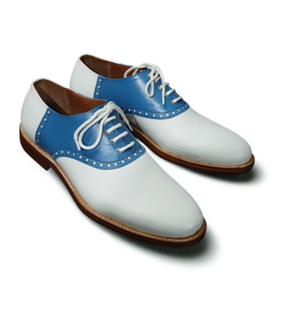 Crafted Leather Blue White Leather Handmade Mens Dress Shoes