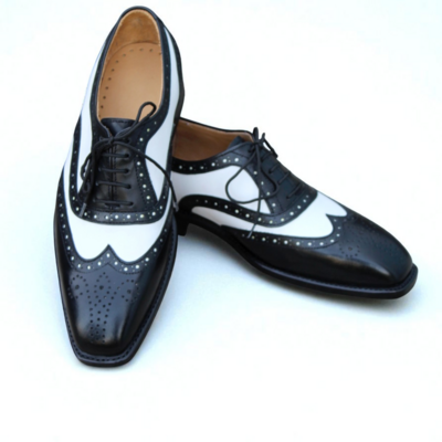 Crafted leather classic black white leather wingtip oxford dress shoes - Thumbnail 1