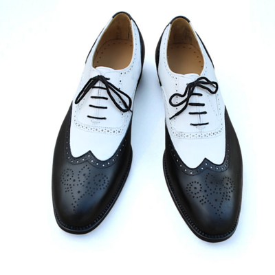 Crafted leather handmade men black white leather wingtip dress shoes - Thumbnail 2