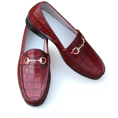 Crafted leather burgundy color crocodile texture horse bit loafers dress shoes - Thumbnail 1