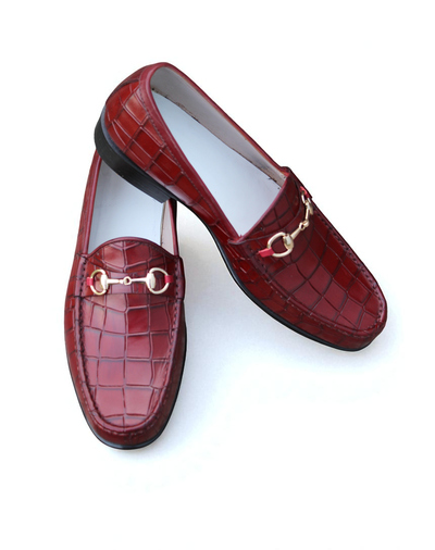 Crafted Leather Burgundy Color Crocodile Texture Horse bit Loafers Dress Shoes