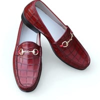 Crafted Leather Burgundy Color Crocodile Texture Horse bit Loafers Dress Shoes - Thumbnail 1