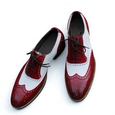 Crafted leather classic handmade burgundy white leather dress oxford shoes - Thumbnail 1