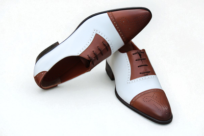 Crafted Leather Classic Brown White Leather Oxford Lace up Dress Shoes