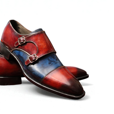 Crafted leather handmade classic brown blue patina leather double monk strap dress shoes