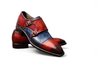 Crafted Leather Handmade Classic Brown Blue Patina Leather Double Monk Strap Dress Shoes