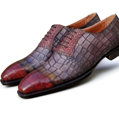 Crafted leather handmade men gray red patina crocodile leather oxford lace up dress shoes - Thumbnail 1