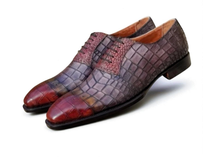 Crafted Leather Handmade Men Gray Red Patina Crocodile Leather Oxford Lace up Dress Shoes
