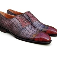 Crafted Leather Handmade Men Gray Red Patina Crocodile Leather Oxford Lace up Dress Shoes - Thumbnail 3