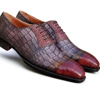 Crafted Leather Handmade Men Gray Red Patina Crocodile Leather Oxford Lace up Dress Shoes - Thumbnail 1