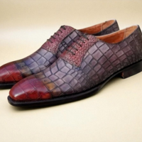 Crafted Leather Handmade Men Gray Red Patina Crocodile Leather Oxford Lace up Dress Shoes - Thumbnail 4
