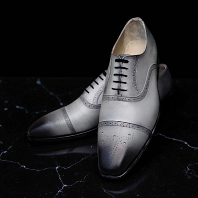 Crafted leather handmade men gray patina black shaded leather dress shoes - Thumbnail 3