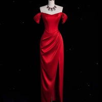 Red Dress,Long Satin dress, Party Dress, Cold Shoulder Dress,Bridesmades Dress, Gift For Her, Engagement Dress, Gift For Bride - Thumbnail 1