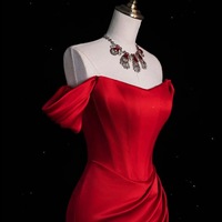 Red Dress,Long Satin dress, Party Dress, Cold Shoulder Dress,Bridesmades Dress, Gift For Her, Engagement Dress, Gift For Bride - Thumbnail 3