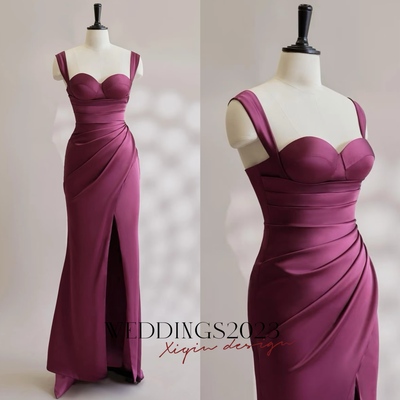 Purple dress satin dresses slip coctail  dress plum bridesmaid dress backless wedding guest dress prom gown  - Thumbnail 4