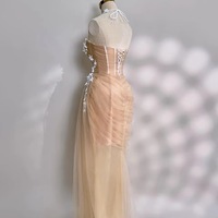Champagne Dusty Pink Wedding Dress with Airy Tulle Skirt and White Lace Appliqué - Thumbnail 1