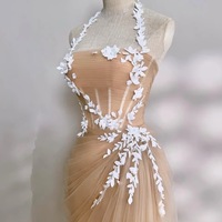 Champagne Dusty Pink Wedding Dress with Airy Tulle Skirt and White Lace Appliqué - Thumbnail 3