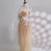 Champagne Dusty Pink Wedding Dress with Airy Tulle Skirt and White Lace Appliqué - Thumbnail 6