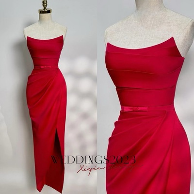 Red off shoulder corset dress, strapless ball gown, red evening satin dress with belt