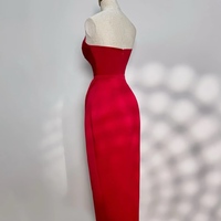 Red Off Shoulder Corset Dress, Strapless Ball Gown, Red Evening Satin Dress with Belt - Thumbnail 1