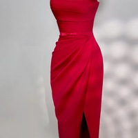 Red Off Shoulder Corset Dress, Strapless Ball Gown, Red Evening Satin Dress with Belt - Thumbnail 2