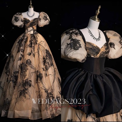 Black Puff sleeves dress, Party puff shorts dress, Engagement dress, Bridal shower dress, Rehearsal dress, Reception dress