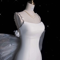 Luxury Elegant Ivory Mermaid Satin Wedding Dress - Satin Spaghetti Straps Fitted Wedding Dress - Satin Bridal Gown with Removable Bow - Thumbnail 6