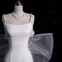 Luxury Elegant Ivory Mermaid Satin Wedding Dress - Satin Spaghetti Straps Fitted Wedding Dress - Satin Bridal Gown with Removable Bow - Thumbnail 5